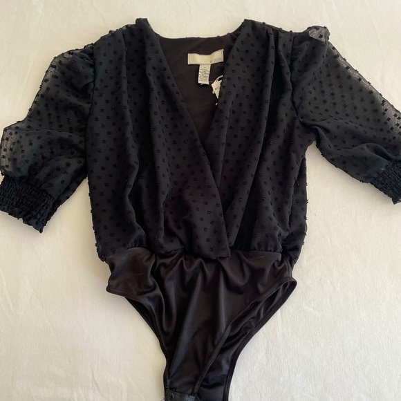 shear black bodysuit with polkadot pattern, draped V neck. size S - Picture 1 of 5